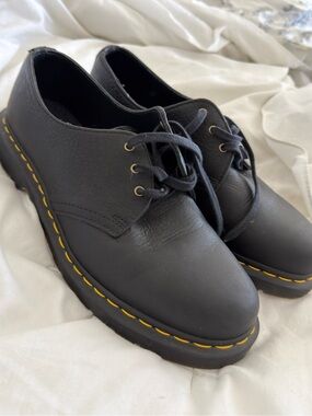 Dr. Martens Black Leather Derby Shoes with Yellow Stitching